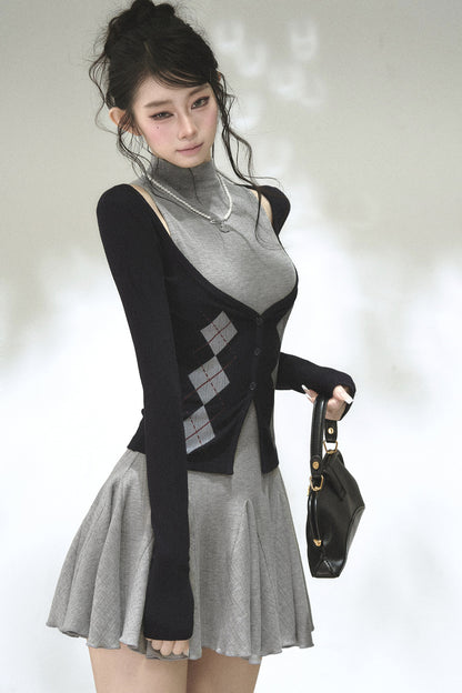 Vertical Striped Diamond Knit Cardigan and Ruffled Dress Set-Up