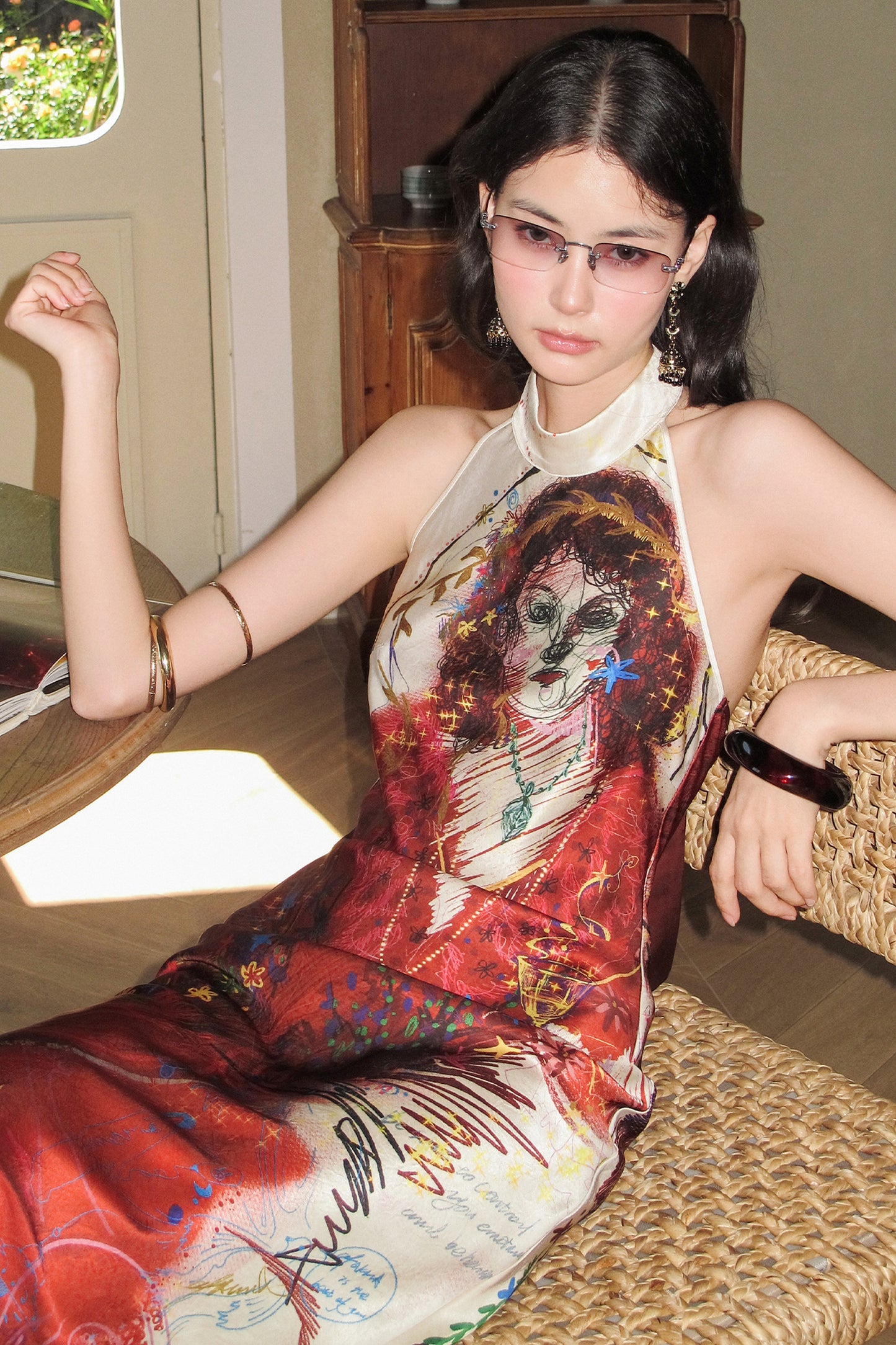 Vintage Hand-Drawn Portrait Halter Maxi Dress