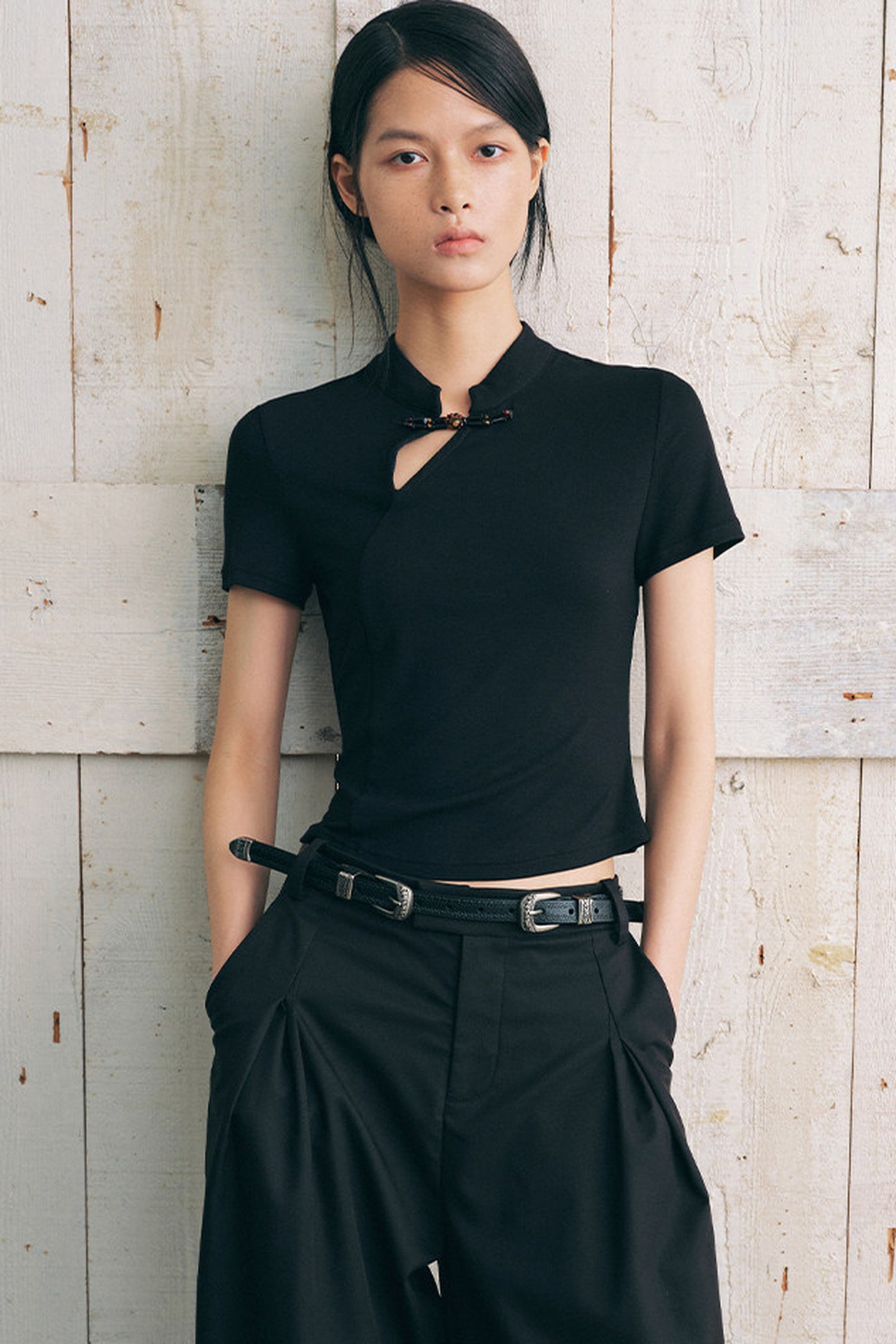 New Chinese Style Diagonal Closure Short Sleeve Top