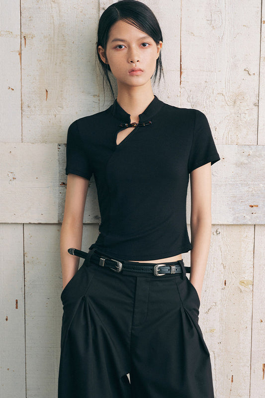 New Chinese Style Diagonal Closure Short Sleeve Top