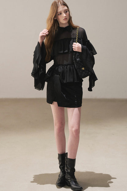 Ruffled Chiffon Polo Blouse