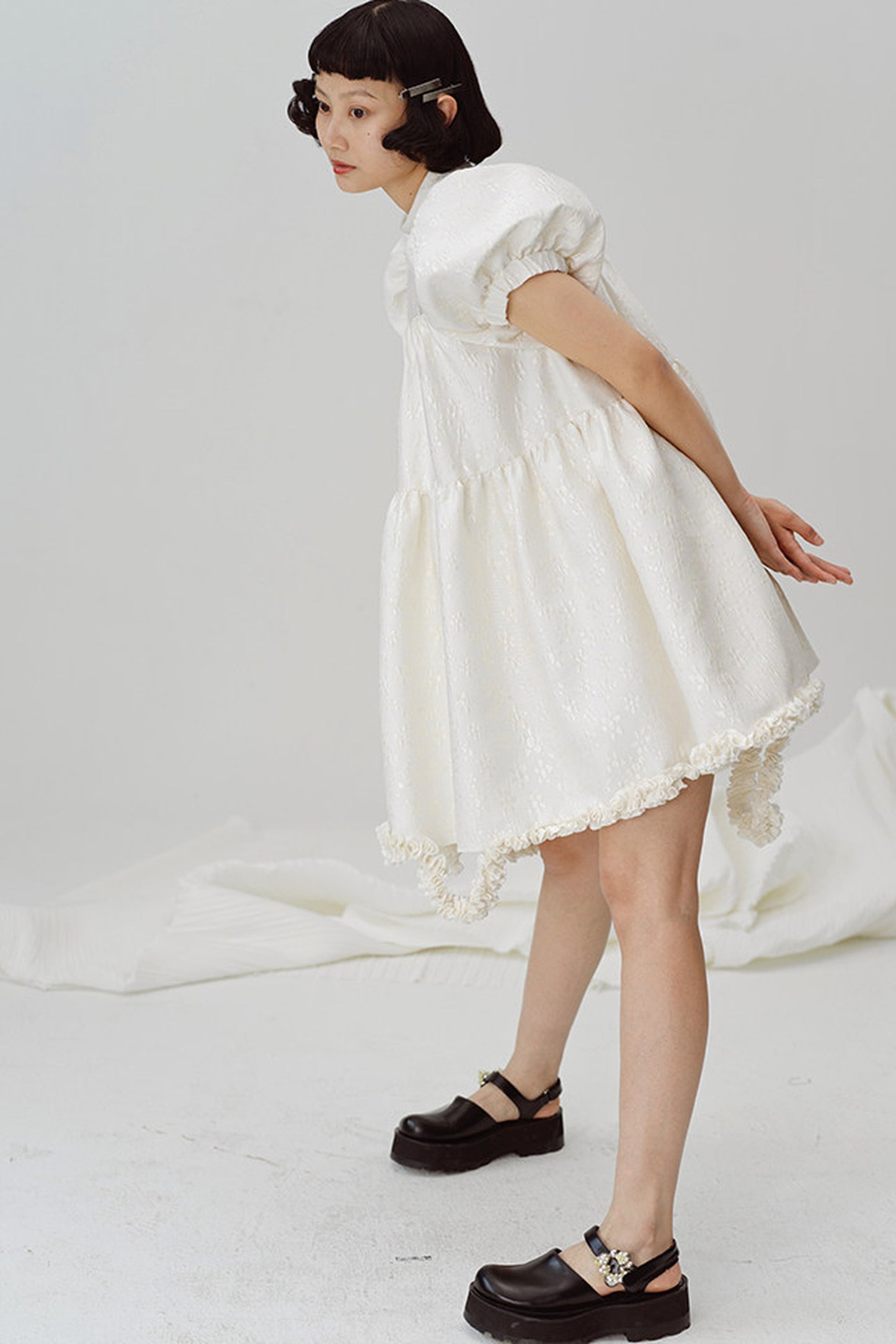 Lace Patchwork Puff Sleeve A-Line Dress