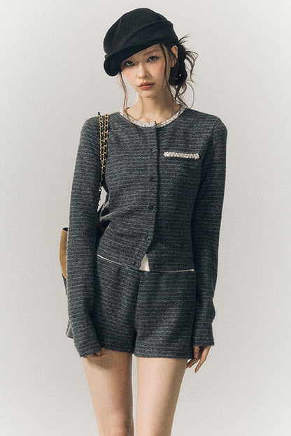 Beaded Lace-Up Wool Knit Top and Shorts and Cardigan Set-Up