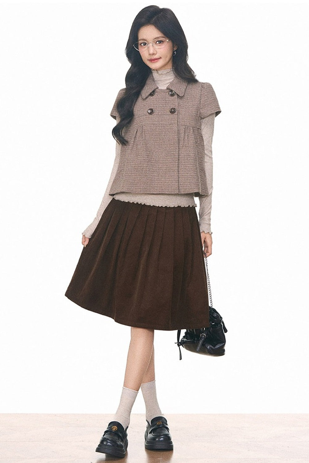 Woolen Short Sleeve Top and Corduroy Midi Skirt Set-Up