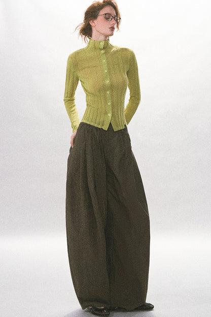 Single-Breasted Vertical Ribbed Stand Collar Knit Cardigan