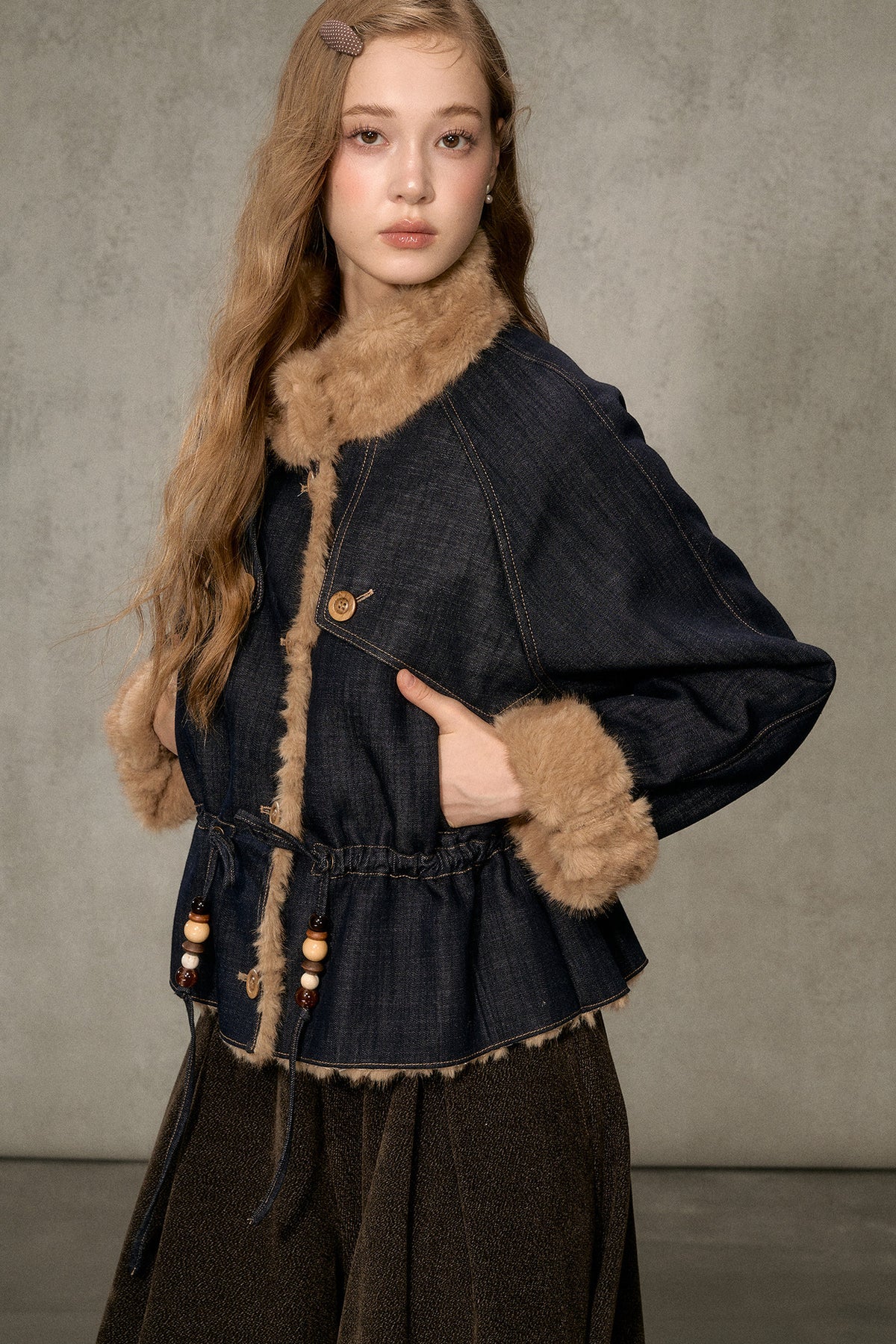 Fur Collar Denim Drawstring Jacket