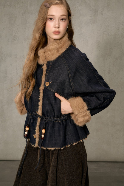 Fur Collar Denim Drawstring Jacket