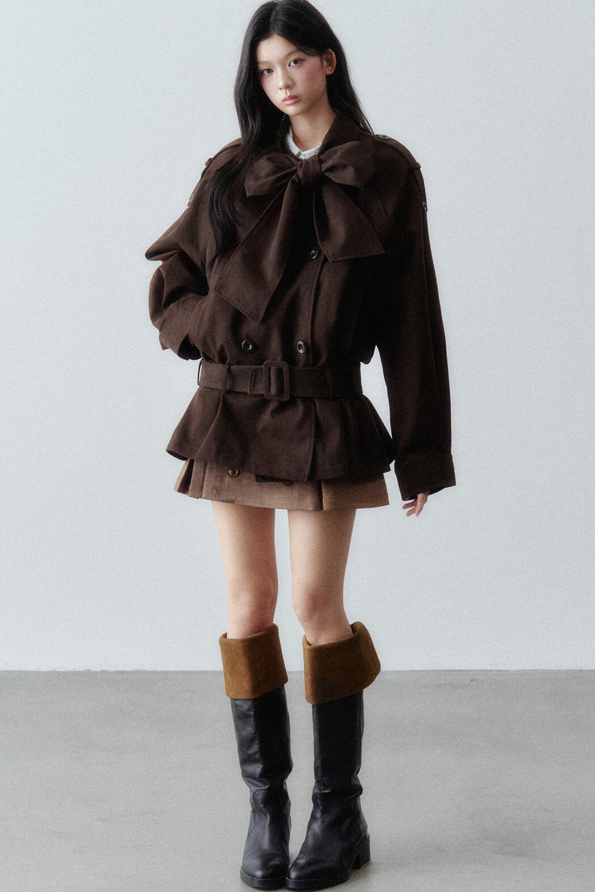 Bow Tie Low-Waist Cotton Trench Coat