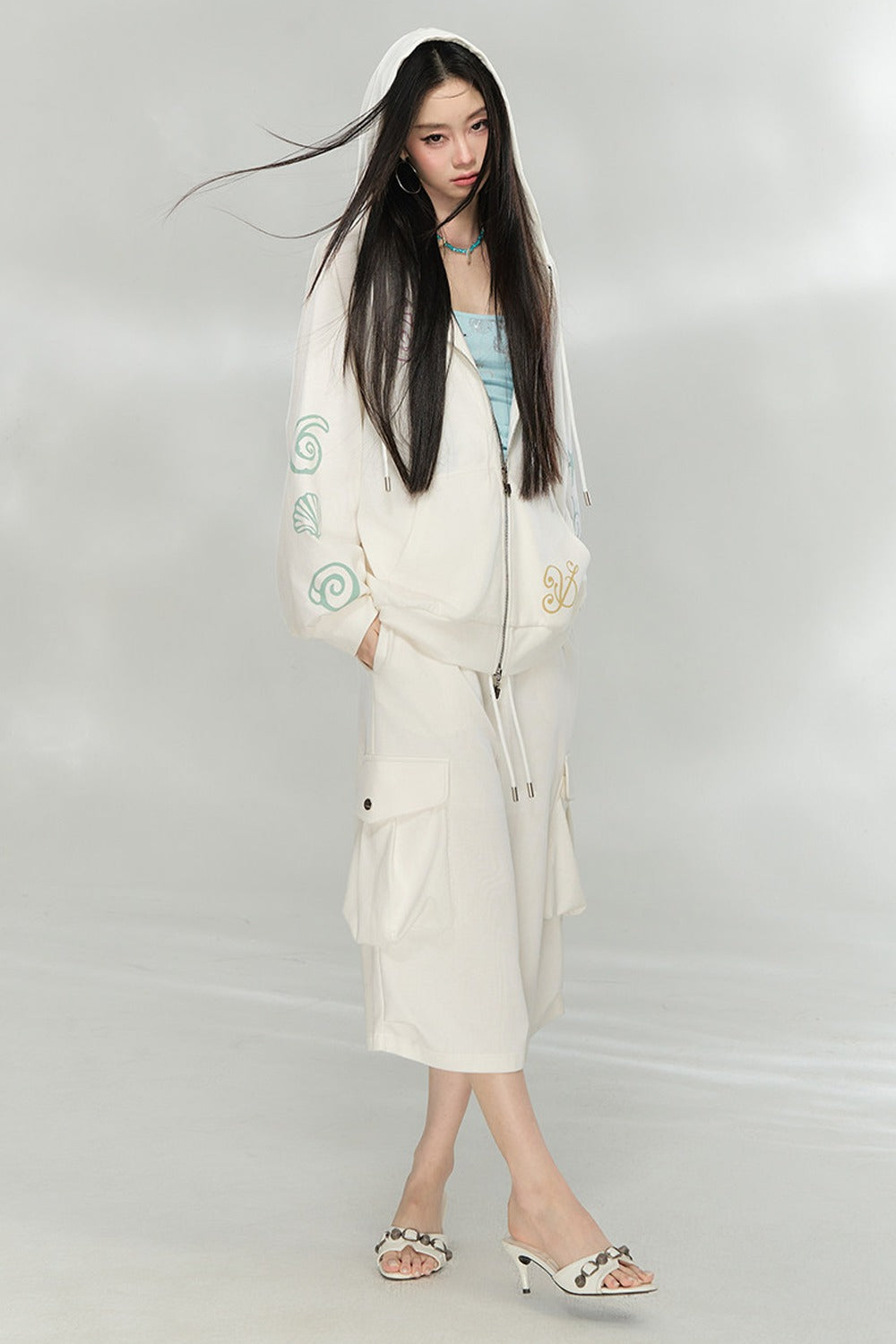 Waffle Knit Print Sweatshirt and Pants Set-Up