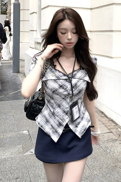 Plaid Patchwork Lace Bow Top and Black Hot Pants Set-Up