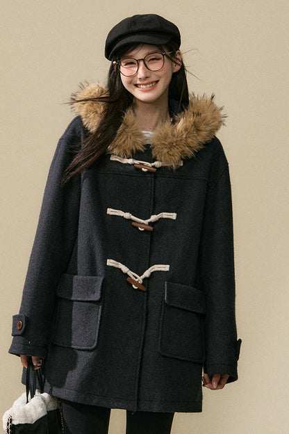 Wool Toggle Detachable Fur Collar Coat