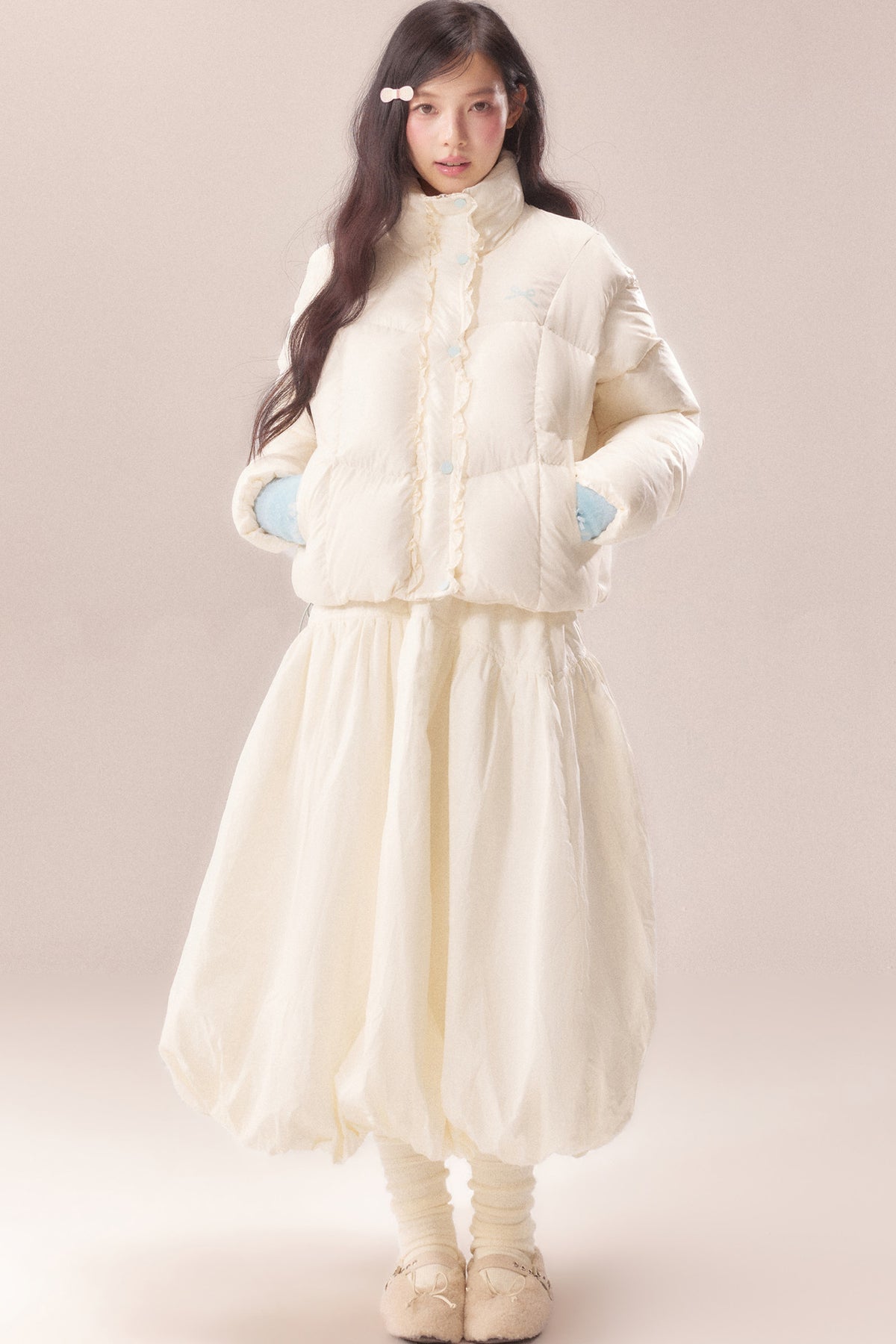 Short Embroidered Bow Lace Down Jacket