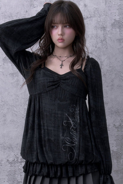 Schwarze Bluse in Lagenoptik mit Blumenmuster