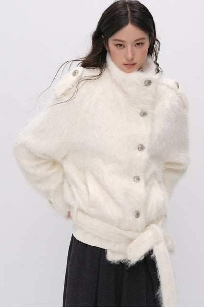 Faux Fur Diagonal Placket Tie Waist Jacket