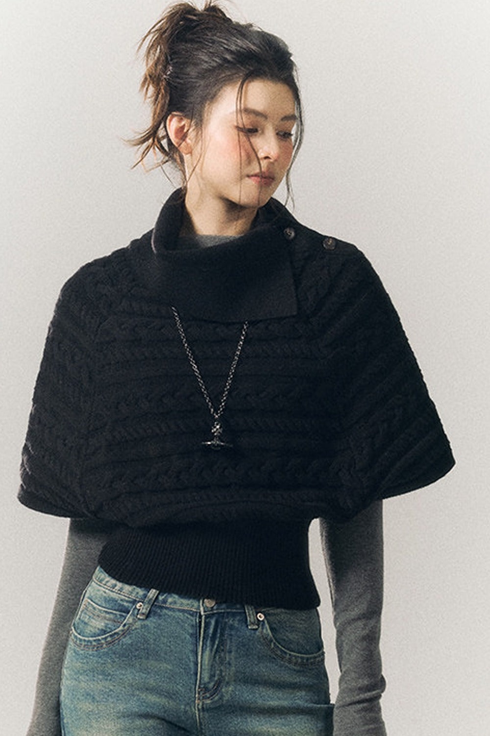 Cable Knit Lapel Cape Sweater
