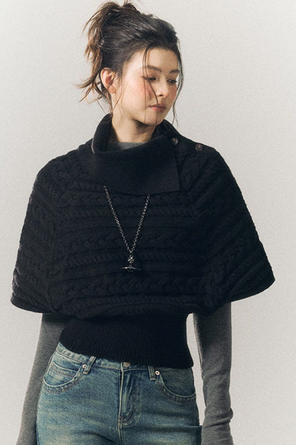Cable Knit Lapel Cape Sweater