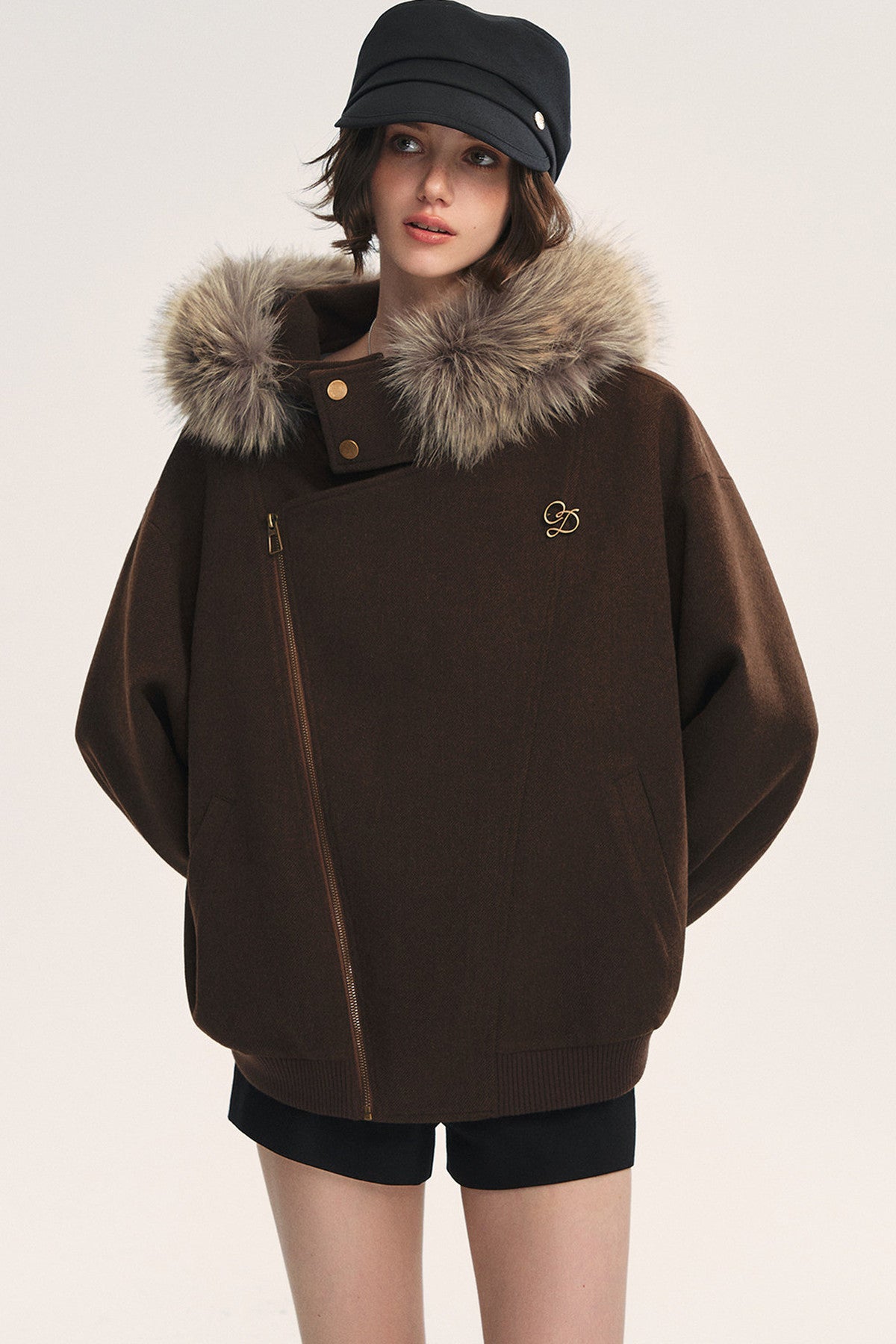 Asymmetrical Zipper Fur Collar Hooded Coat