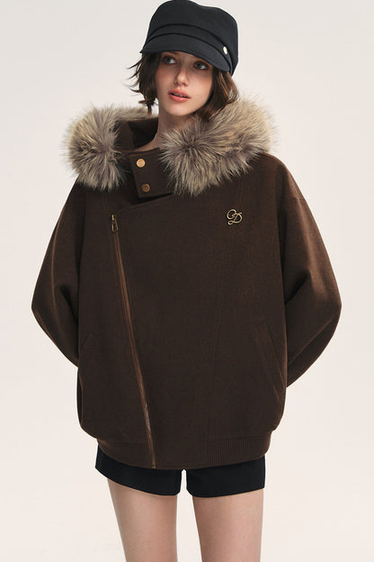 Asymmetrical Zipper Fur Collar Hooded Coat