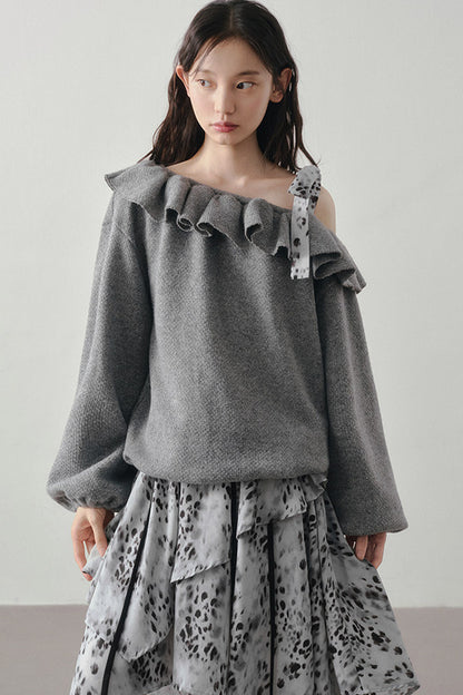 Gray Off-Shoulder Sweater Leopard Skirt Set-Up