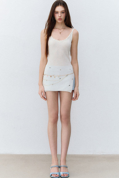 Patchwork Rhinestone Slit Top