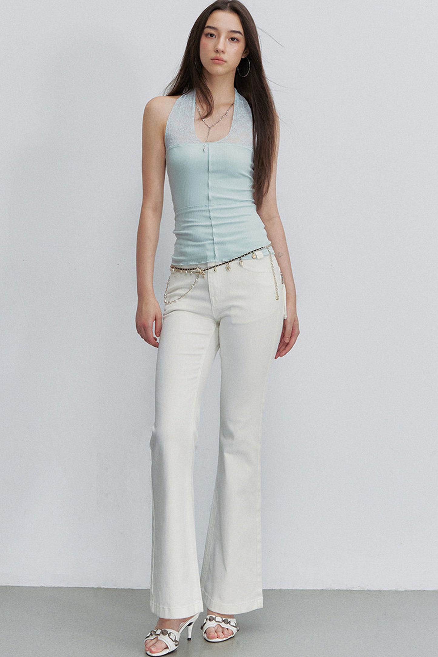White Bamboo Texture Flared Denim Pants