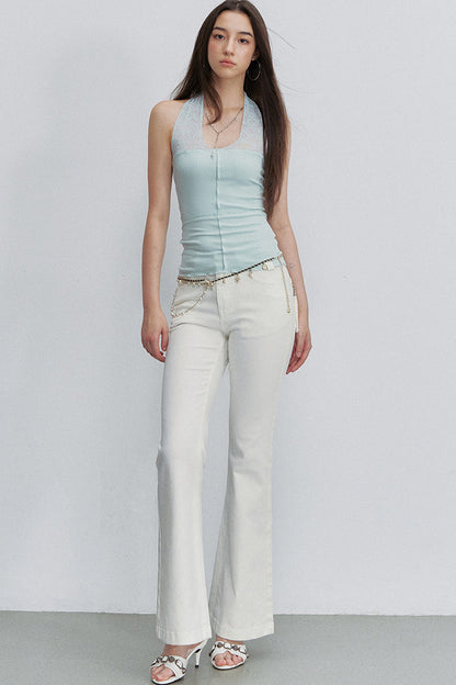 White Bamboo Texture Flared Denim Pants