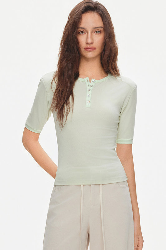 Padded Shoulder Henley Knit Top