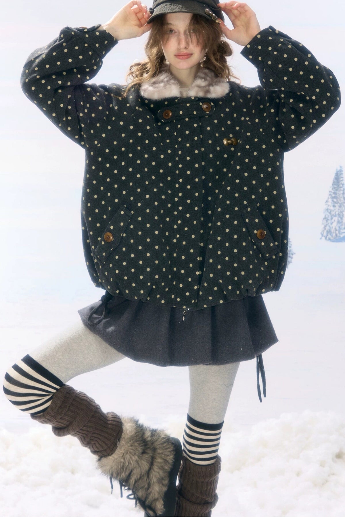 Short Polka Dot Plush Collar Cotton Jacket