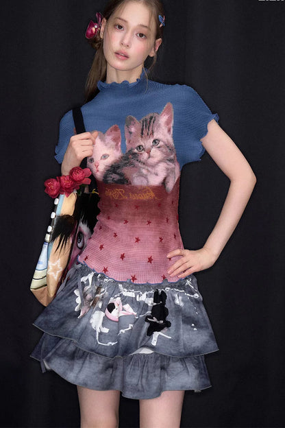 Blusa a blocchi di colore con stampa di gatti