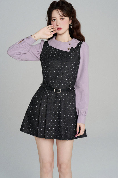 Black Purple Polka Dot Long Sleeve Dress