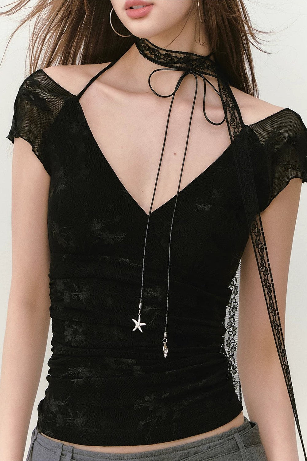 Viapitti Mesh Jacquard Lace Halter T-Shirt