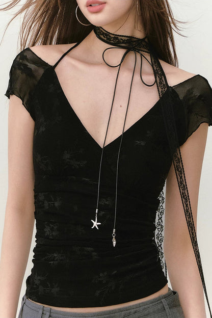 Viapitti Mesh Jacquard Lace Halter T-Shirt