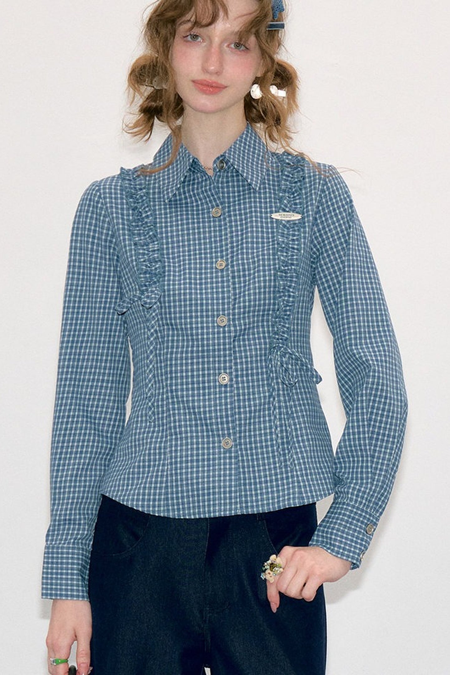 Blue Plaid Slimming Long Sleeve Blouse