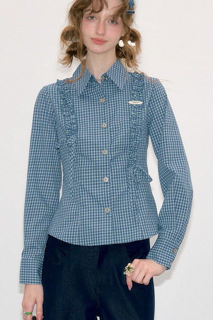 Blue Plaid Slimming Long Sleeve Blouse