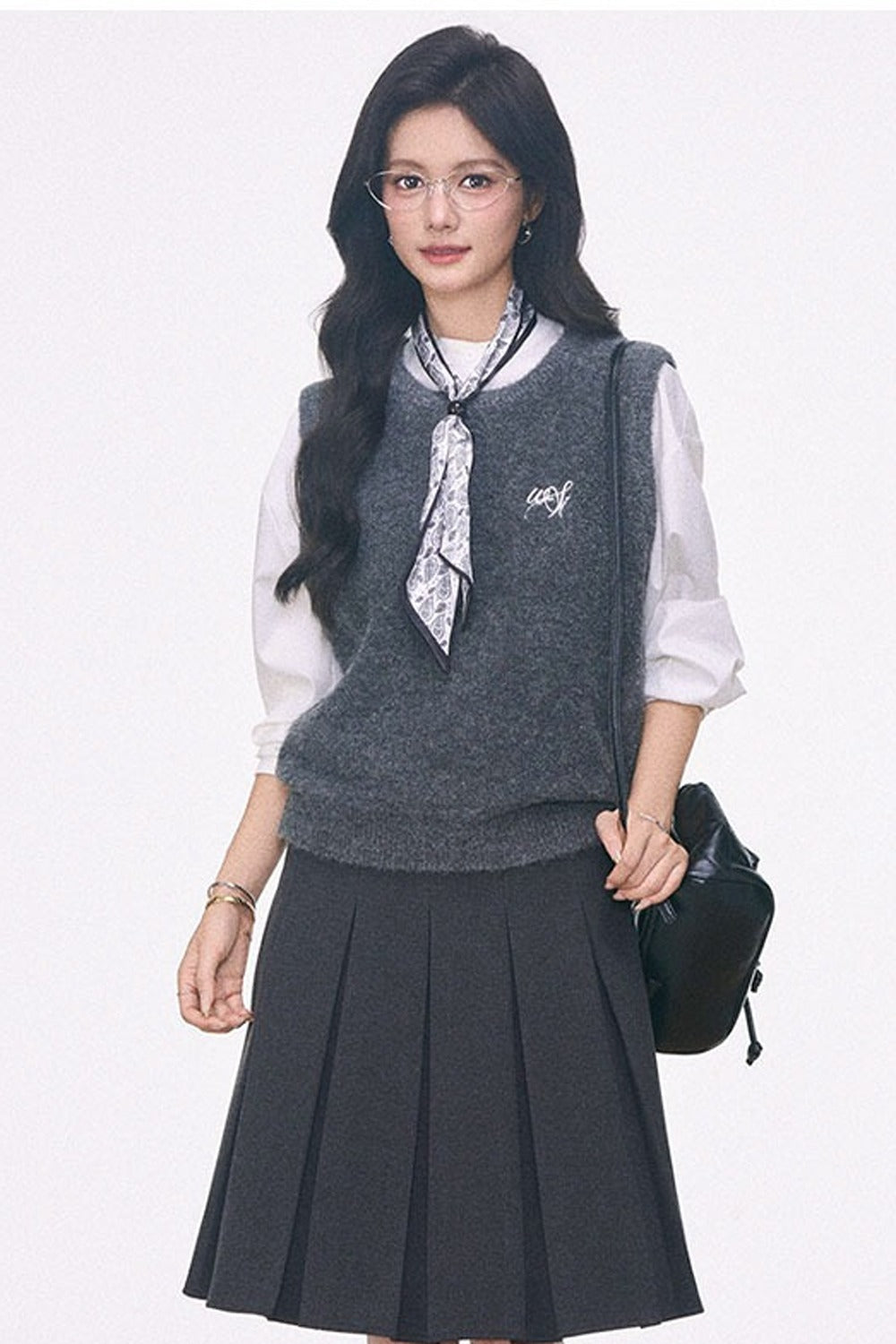 Knitted Vest Shirt and Skirt 3-Piece Set-Up