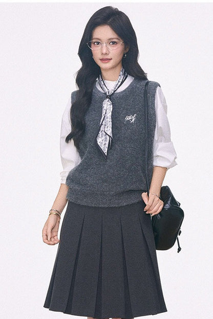 Knitted Vest Shirt and Skirt 3-Piece Set-Up