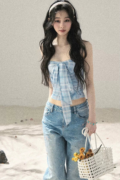 Blue Danube Plaid Bow Tube Top Set-Up