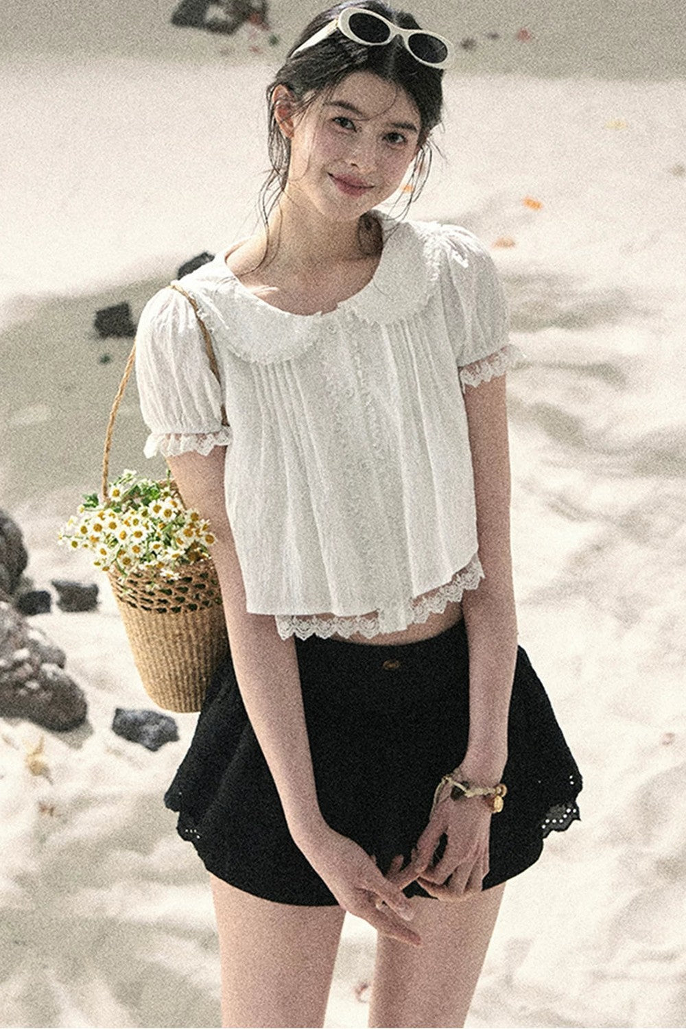 French Style Lace Puff Sleeve Blouse