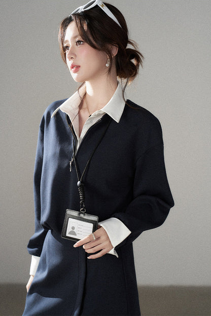 Layered-Look Polo Collar Sweatshirt Dress
