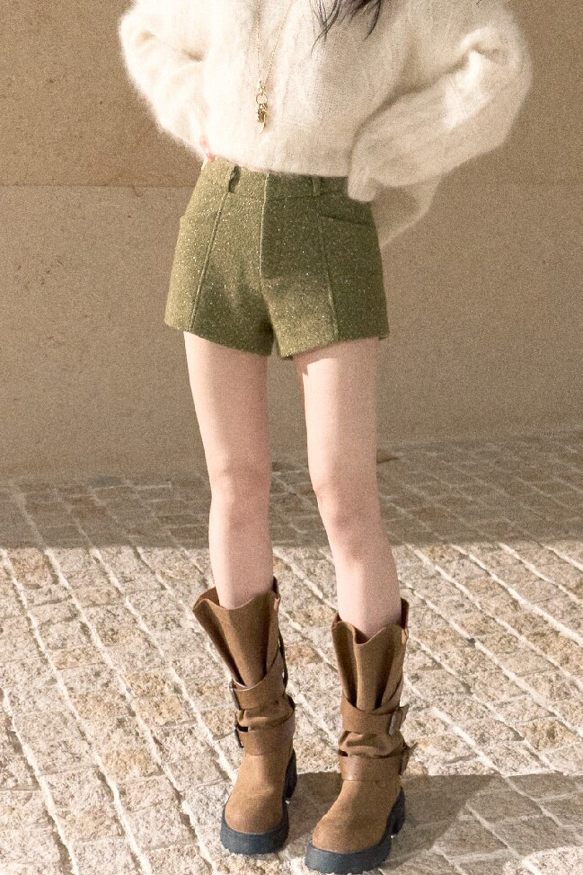 Gold Thread Wool Blend High-Waisted Shorts