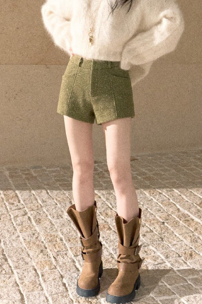 Gold Thread Wool Blend High-Waisted Shorts