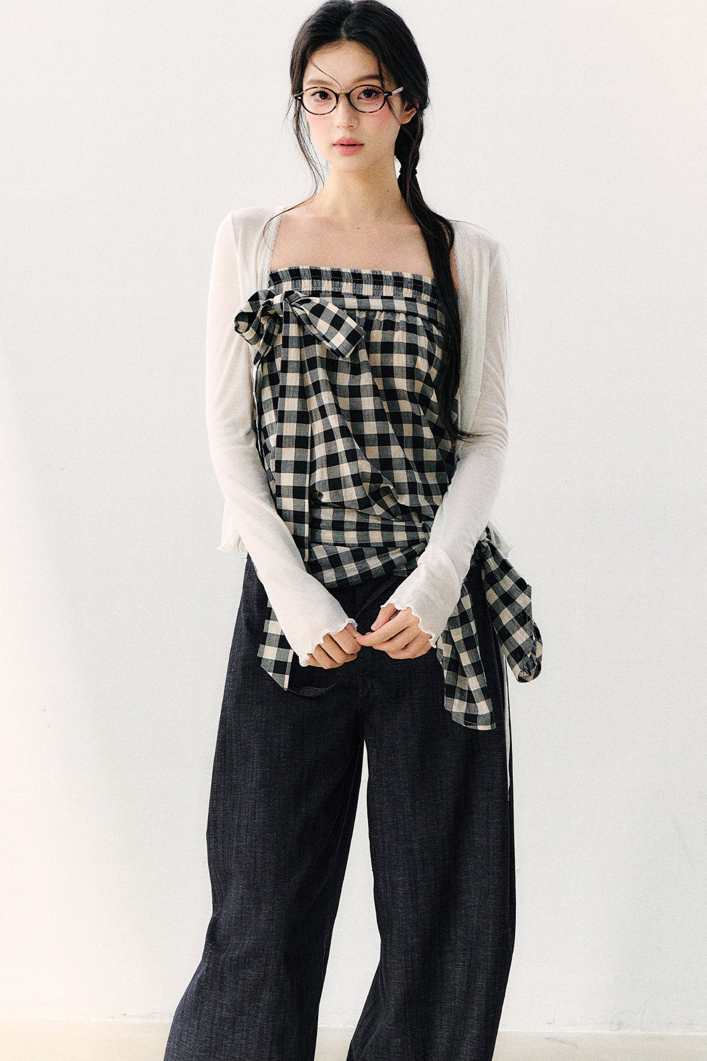 Washed Plaid Tube Top With Bow
