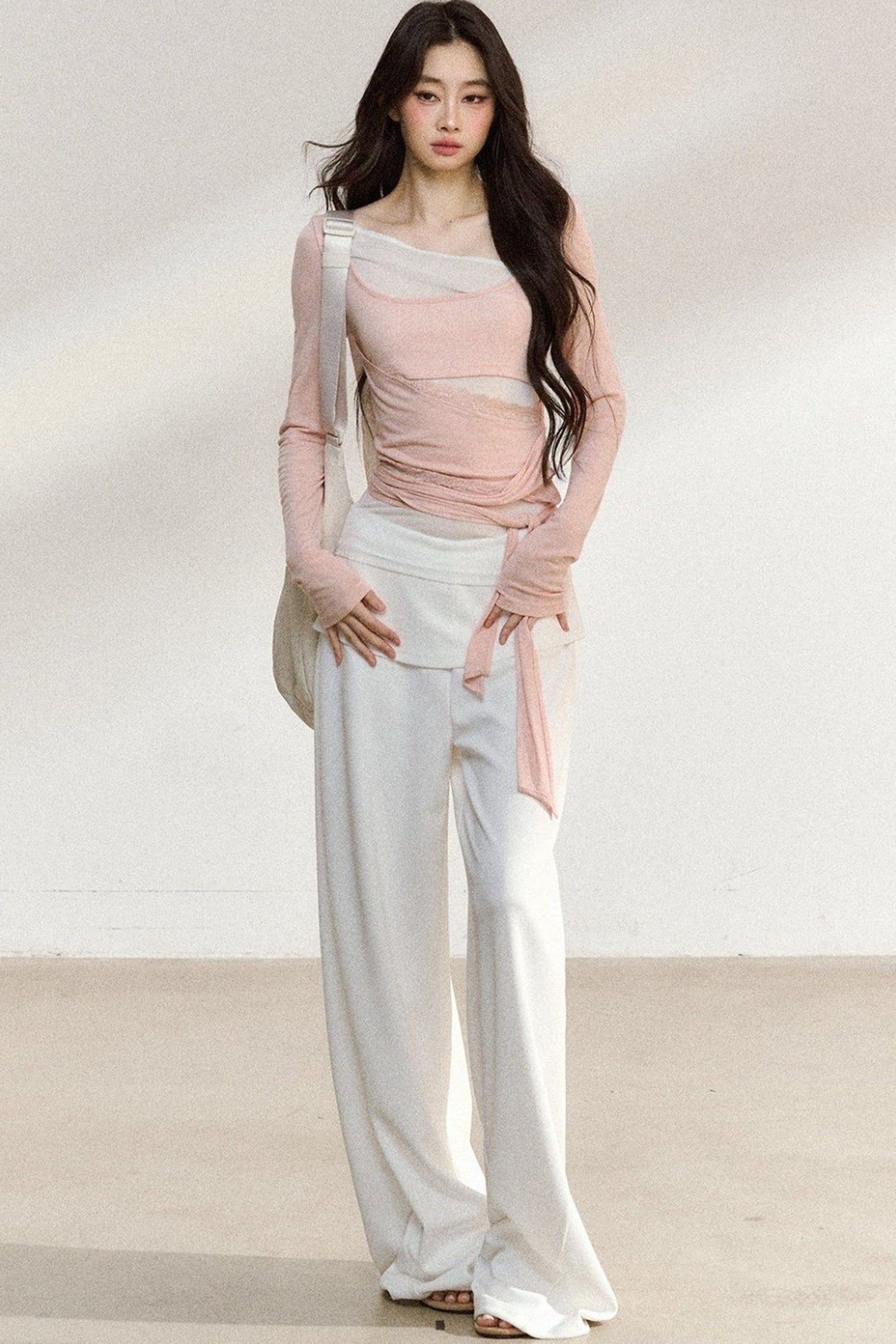 White Waistband Straight-Leg Pants