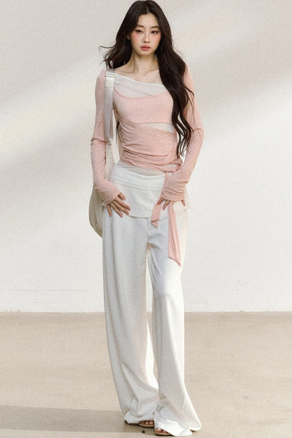 White Waistband Straight-Leg Pants