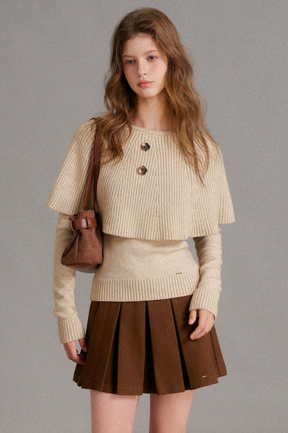 Floral Button Ribbed Cuff Cape Sweater Set