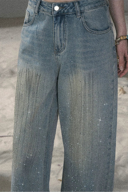 American-Style Rhinestone Wide-Leg Jeans
