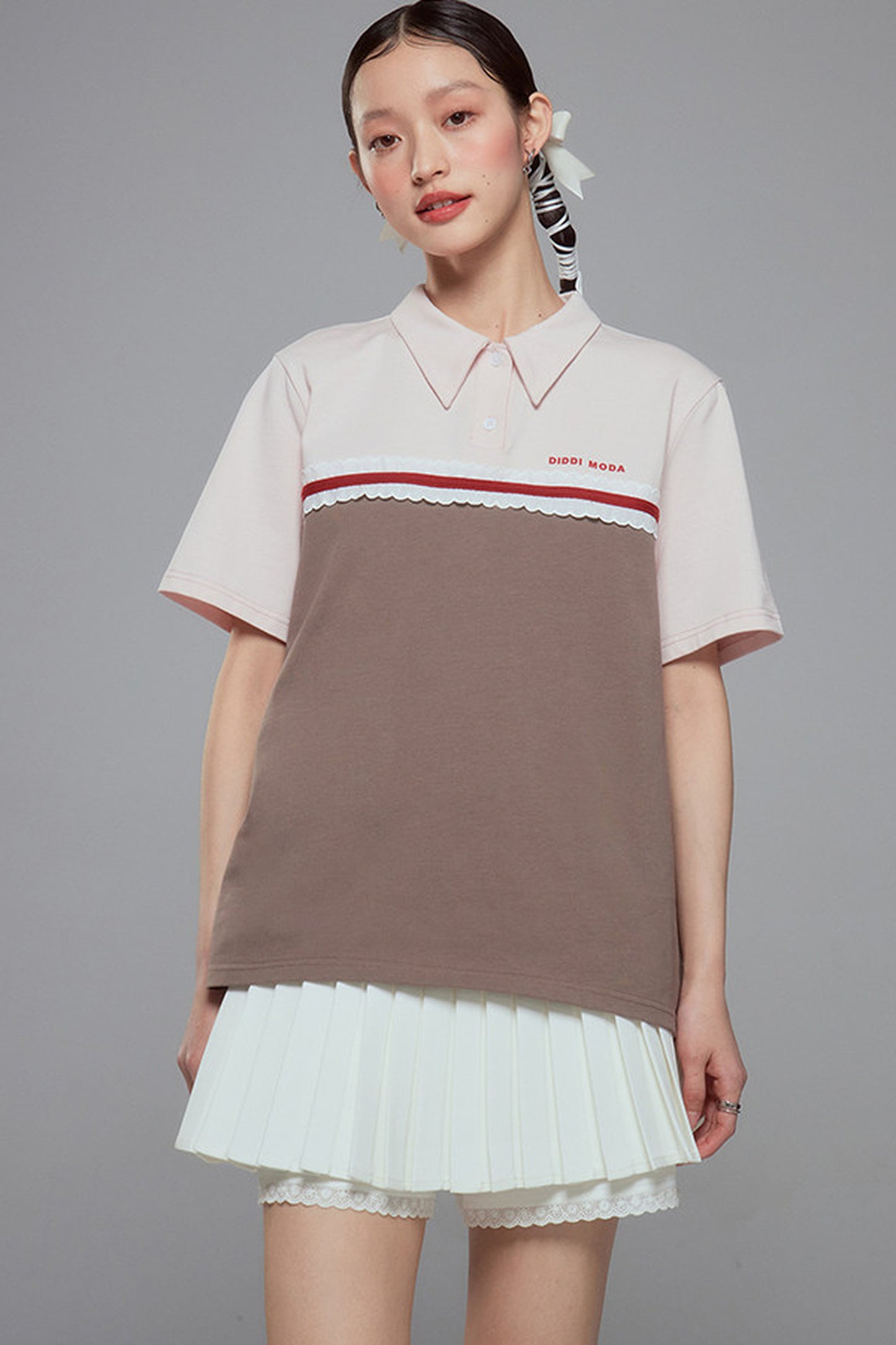 Color Block Lace Trim Cotton Polo