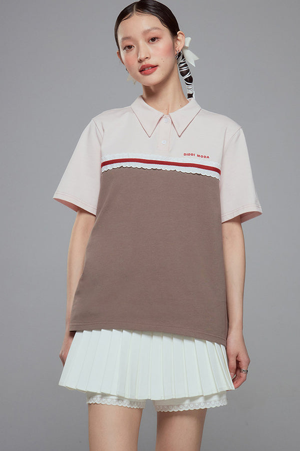Color Block Lace Trim Cotton Polo