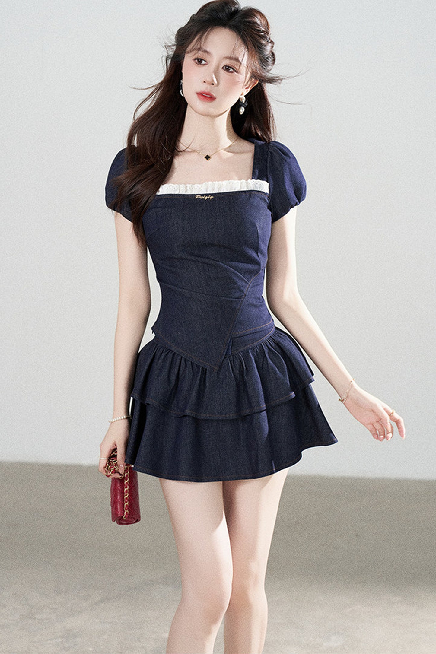 Denim Puff Sleeve Top And Skirt Set