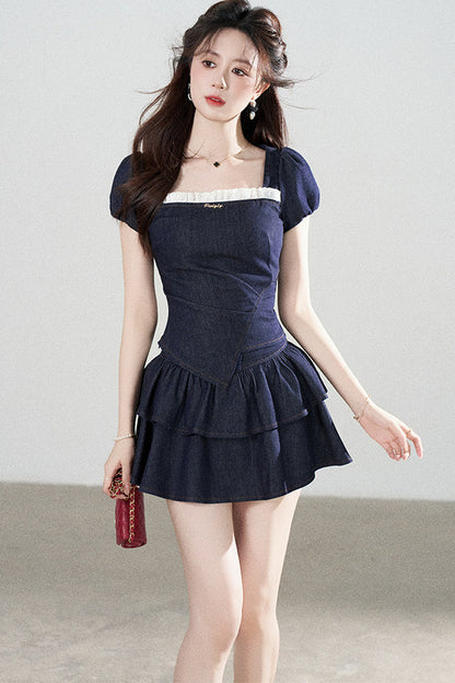 Denim Puff Sleeve Top And Skirt Set